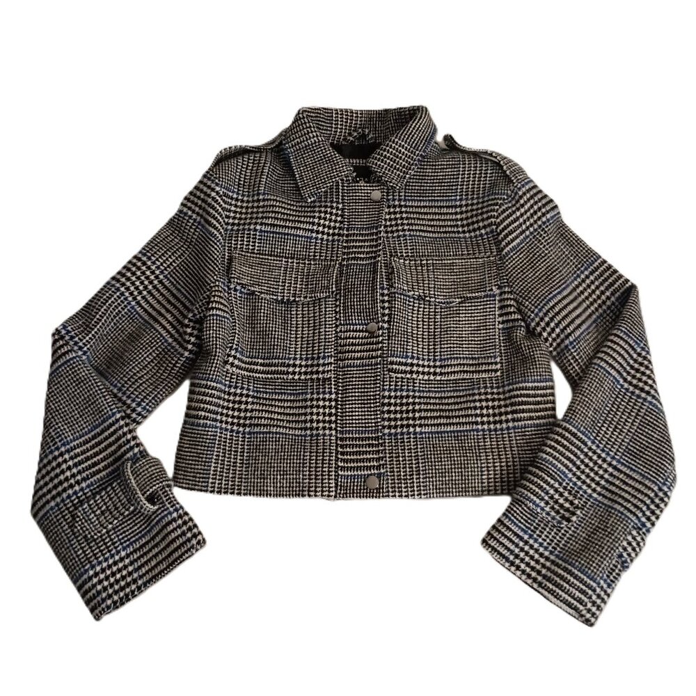 Me Jane Jacket Crop Black White Blue Plaid Pockets Size Medium NWT